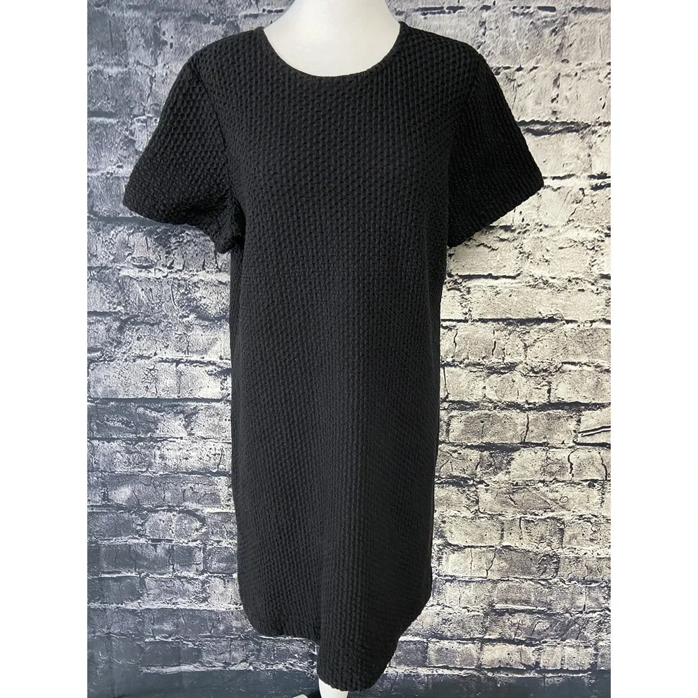 Eileen Fisher Dress Womens L Black Textured Knit Shift Zip Back Short Sleeve